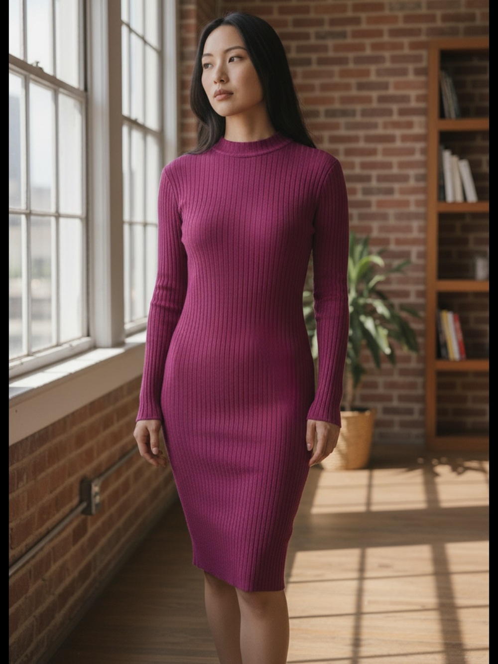 Boohoo Slim Ribbed Long-Sleeve Dress in Black Plum